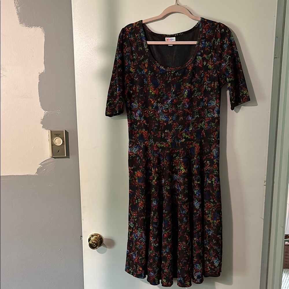LuLaRoe cocktail dress, black with rainbow floral. Size XL.